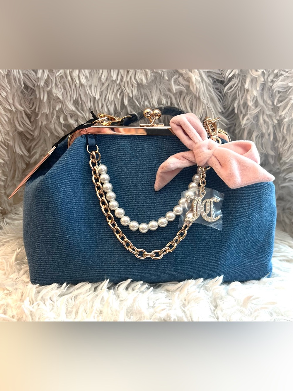 Juicy Couture Blue Denim Frame Satchel with Pink Bow and Pearl Chains - Picture 2 of 9